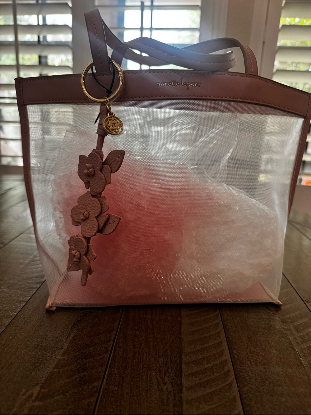 NWOT, Nanette Lepore mesh /pink trim  mini tote bag .